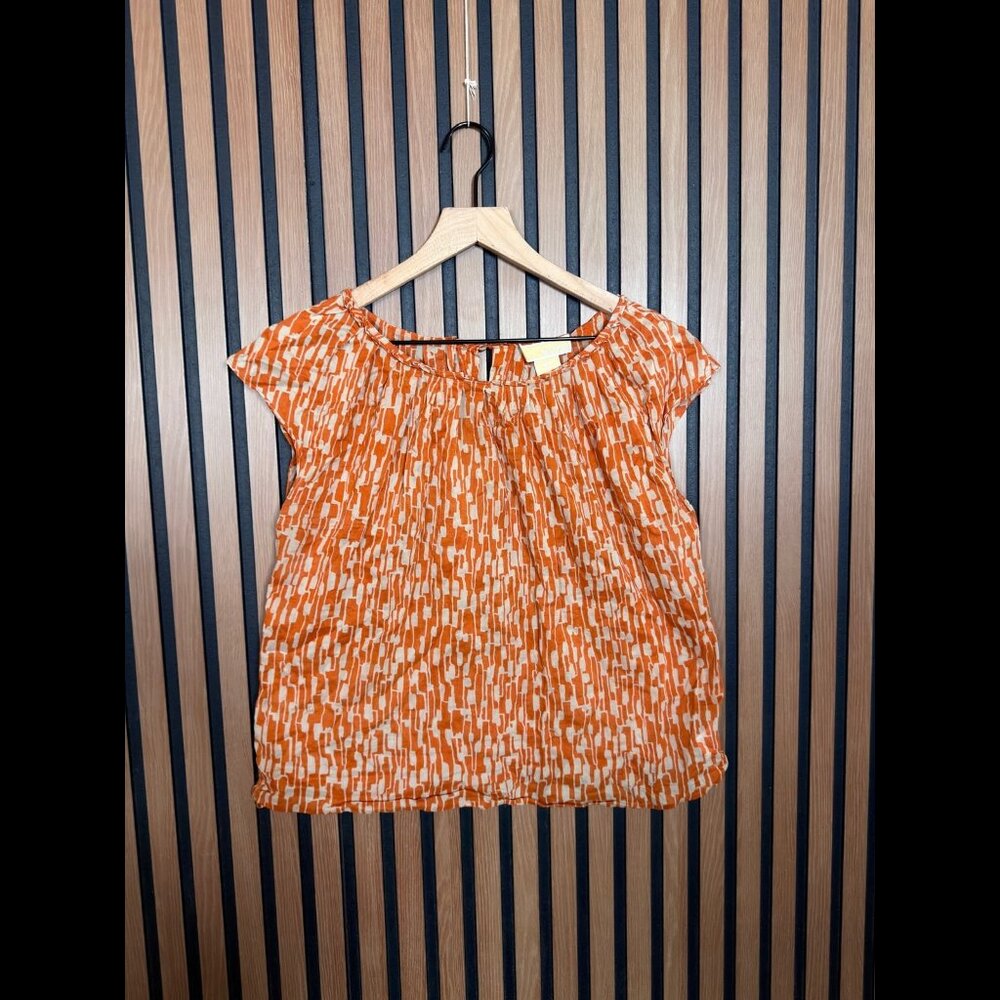 Michael Kors Popover Blouse Women’s 8 Petite Orange Geometric Short Sleeve 100% - Picture 1 of 6